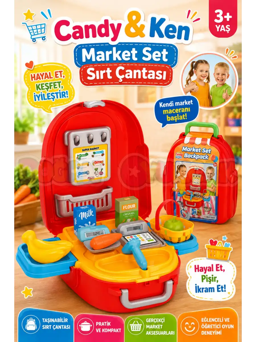 Candy & Ken Market Set Sırt Çantası - Kasiyer Oyuncağı - Market Setleri - Mutfak Oyuncakları