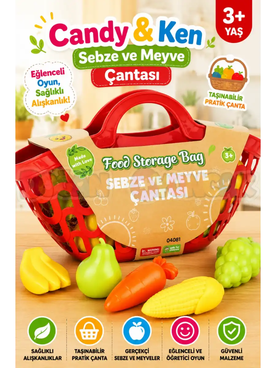 Sebze ve Meyve Çantası Kırmızı - Meyve Sebze Sepeti - Piknik Sepeti Oyuncak Meyveler - Oyuncak Sebzeler - Mutfak Oyuncakları