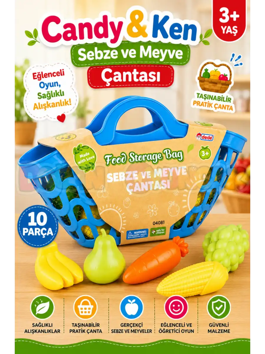 Sebze ve Meyve Çantası Mavi - Meyve Sebze Sepeti - Piknik Sepeti Oyuncak Meyveler - Oyuncak Sebzeler - Mutfak Oyuncakları