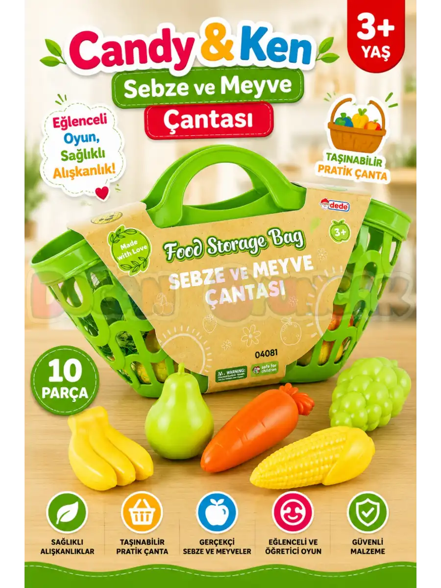 Sebze ve Meyve Çantası Yeşil - Meyve Sebze Sepeti - Piknik Sepeti Oyuncak Meyveler - Oyuncak Sebzeler - Mutfak Oyuncakları