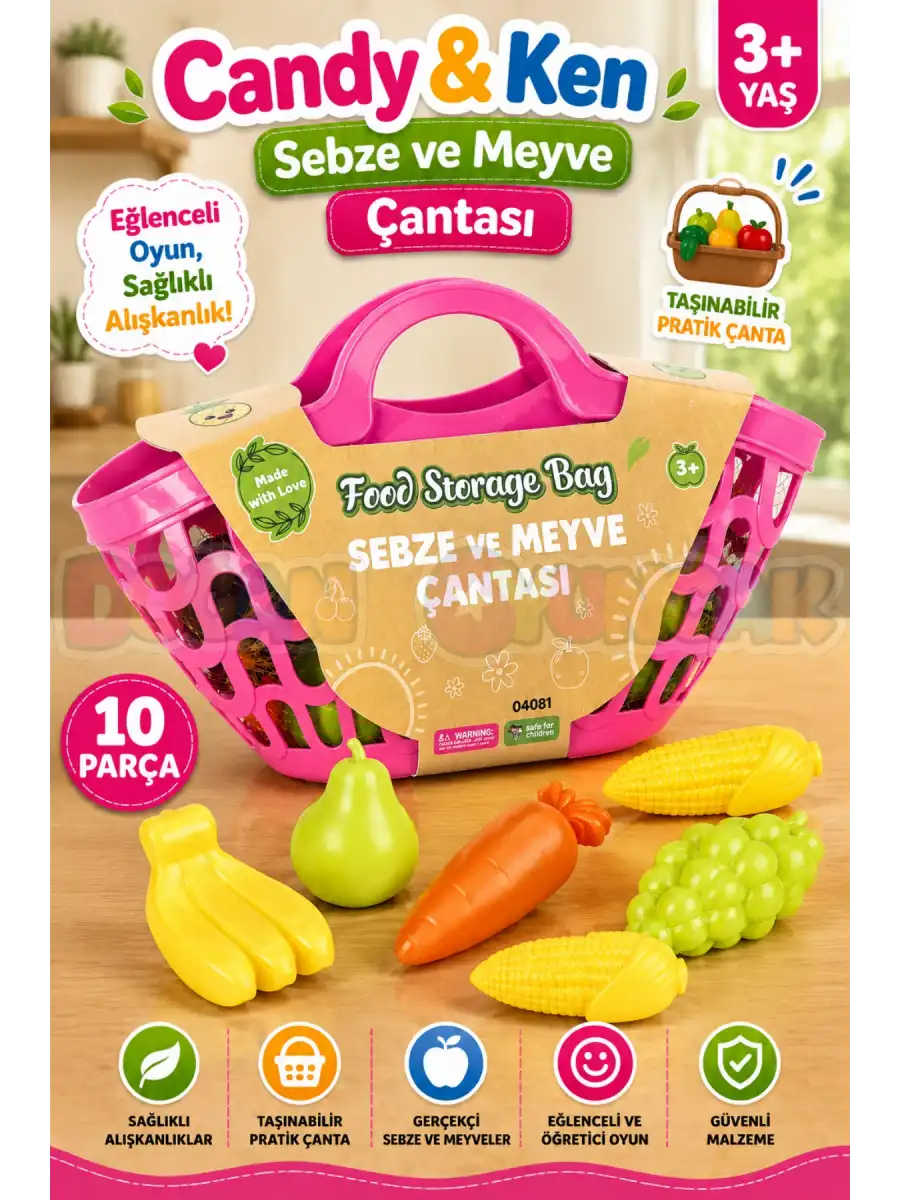 Sebze ve Meyve Çantası Pembe - Meyve Sebze Sepeti - Piknik Sepeti Oyuncak Meyveler - Oyuncak Sebzeler - Mutfak Oyuncakları