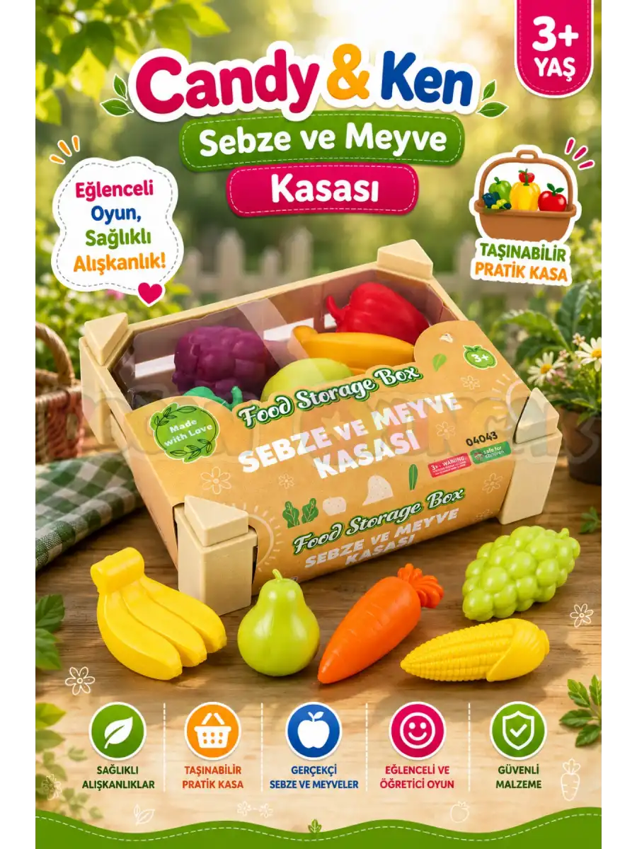 Sebze ve Meyve Kasası - Meyve Sebze Sepeti - Piknik Sepeti Oyuncak Meyveler - Oyuncak Sebzeler - Mutfak Oyuncakları