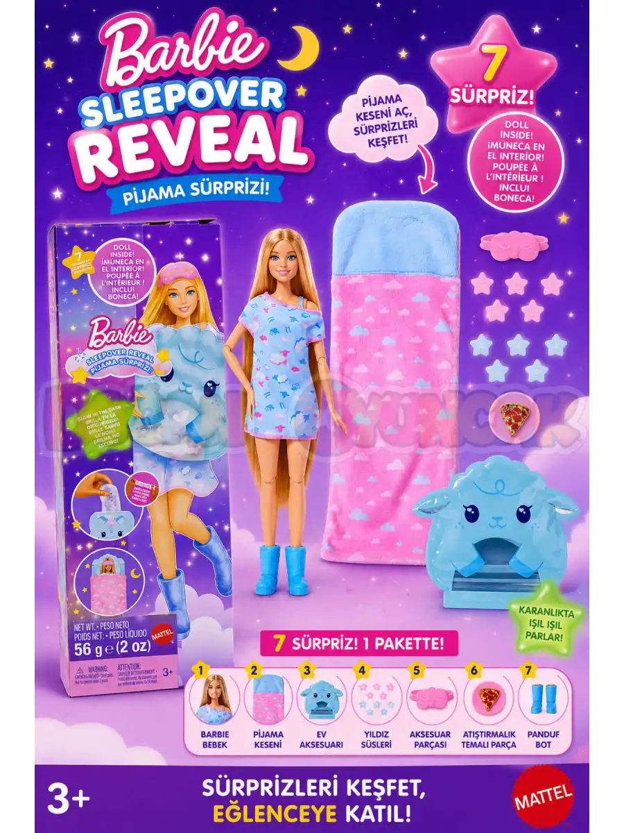 Barbie Sleepover Reveal - Mavi Pijamalı JMR88 - Barbie Oyuncak Barbie Bebek