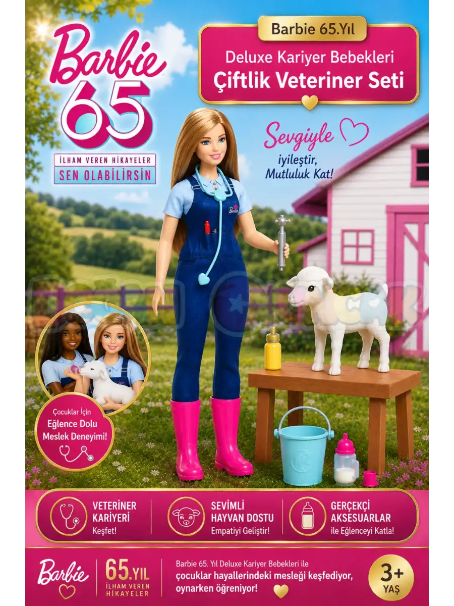 Barbie 65.Yıl Deluxe Kariyer Bebekleri - Çiflik Veteriner Seti HRG42 - Barbie Oyuncak Barbie Bebek Barbi Meslek