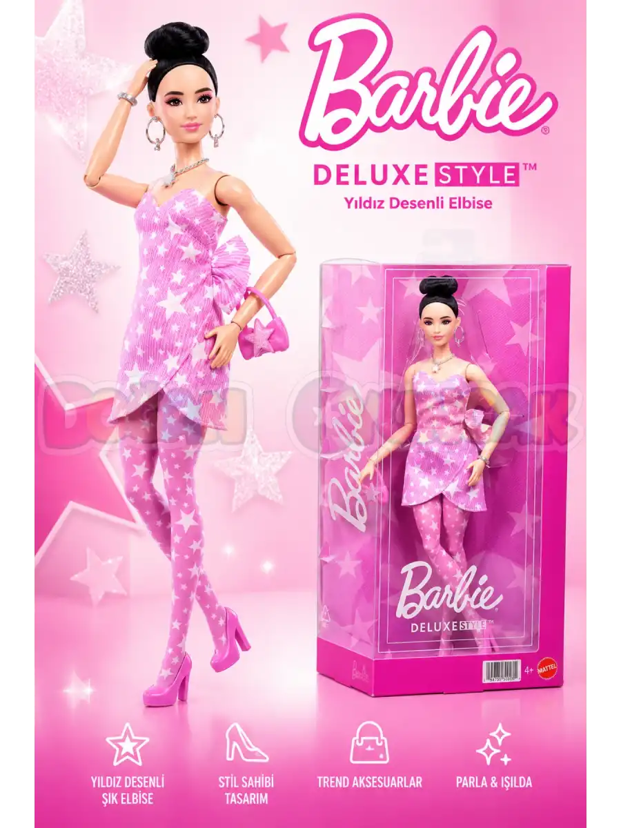 Barbie DELUXE STYLE - Yıldız Desenli Elbiseli Bebek JJN71 - Barbie Oyuncak Barbie Yoga Bebek