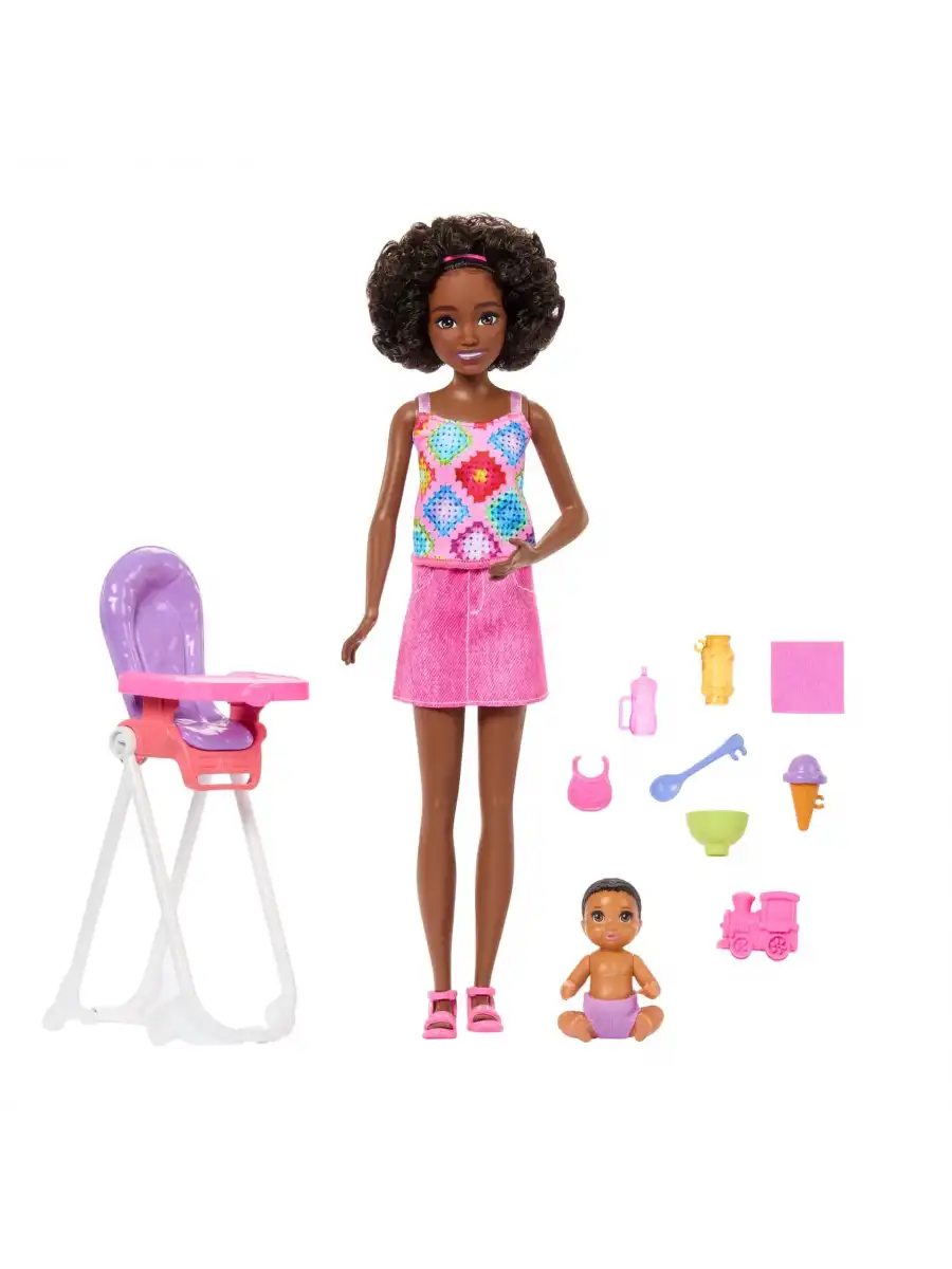 Barbie Skipper Bebek Bakıcısı Seti - Siyahi Mama Sandalyeli JKC16 - Barbie Oyuncak Barbie Bebek