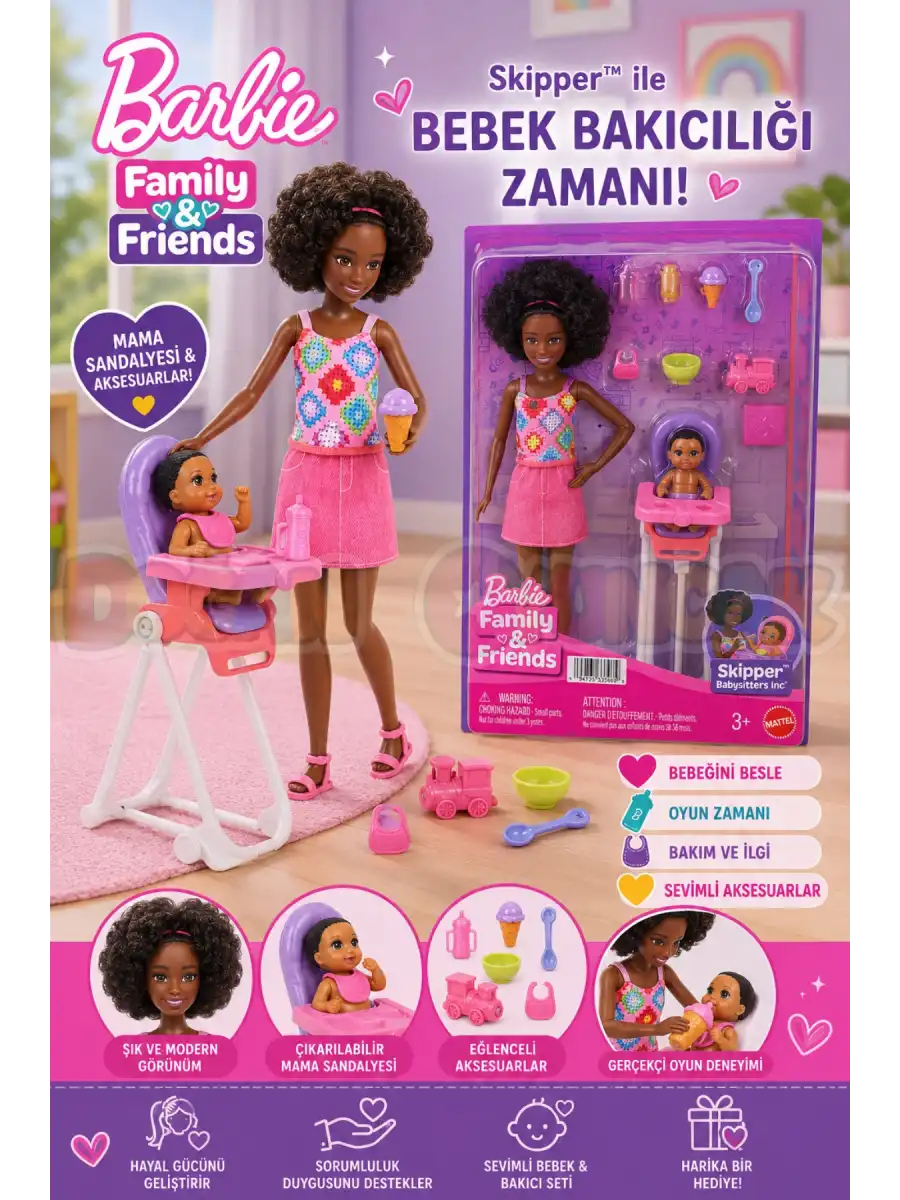 Barbie Skipper Bebek Bakıcısı Seti - Siyahi Mama Sandalyeli JKC16 - Barbie Oyuncak Barbie Bebek