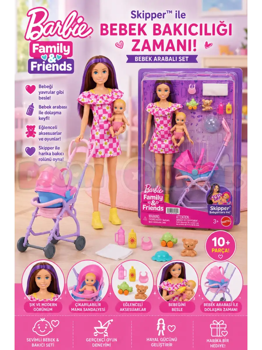 Barbie Skipper Bebek Bakıcısı Seti - Bebek Arabalı JJB42 - Barbie Oyuncak Barbie Bebek