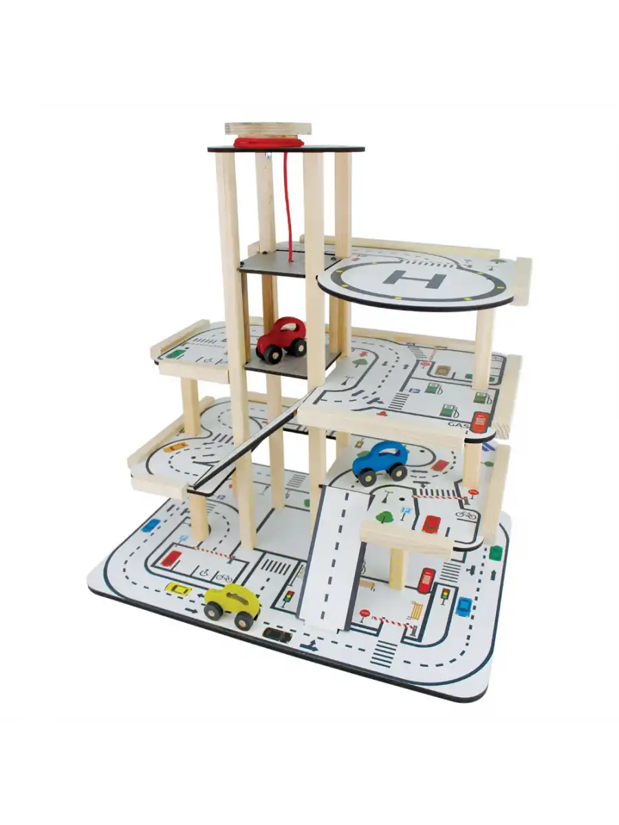 Ahşap Asansörlü Otopark - Üç Katlı Garaj Seti - Hotwheels Garaj Seti - Otopak Seti - Eğimli Garaj
