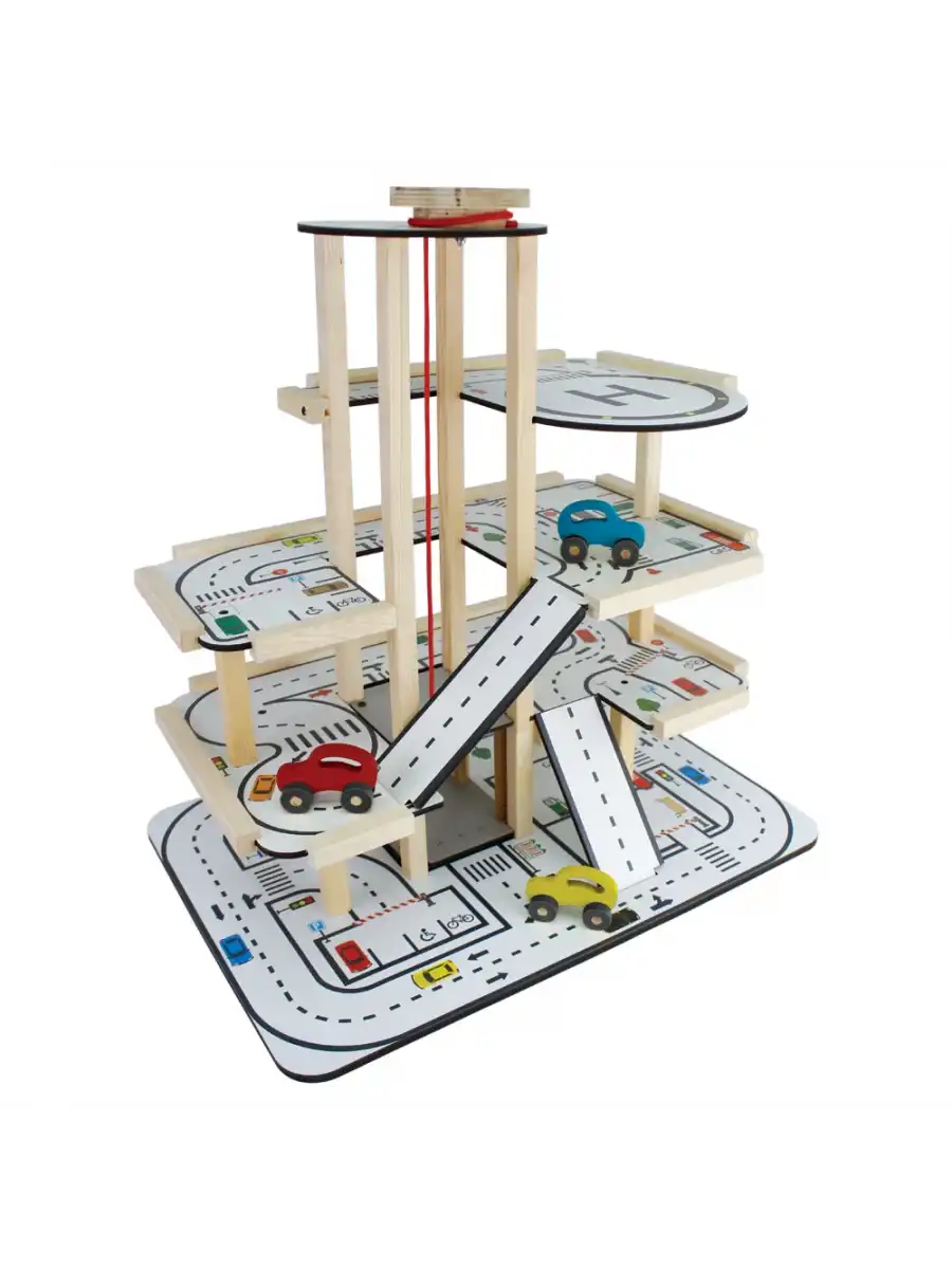 Ahşap Asansörlü Otopark - Üç Katlı Garaj Seti - Hotwheels Garaj Seti - Otopak Seti - Eğimli Garaj