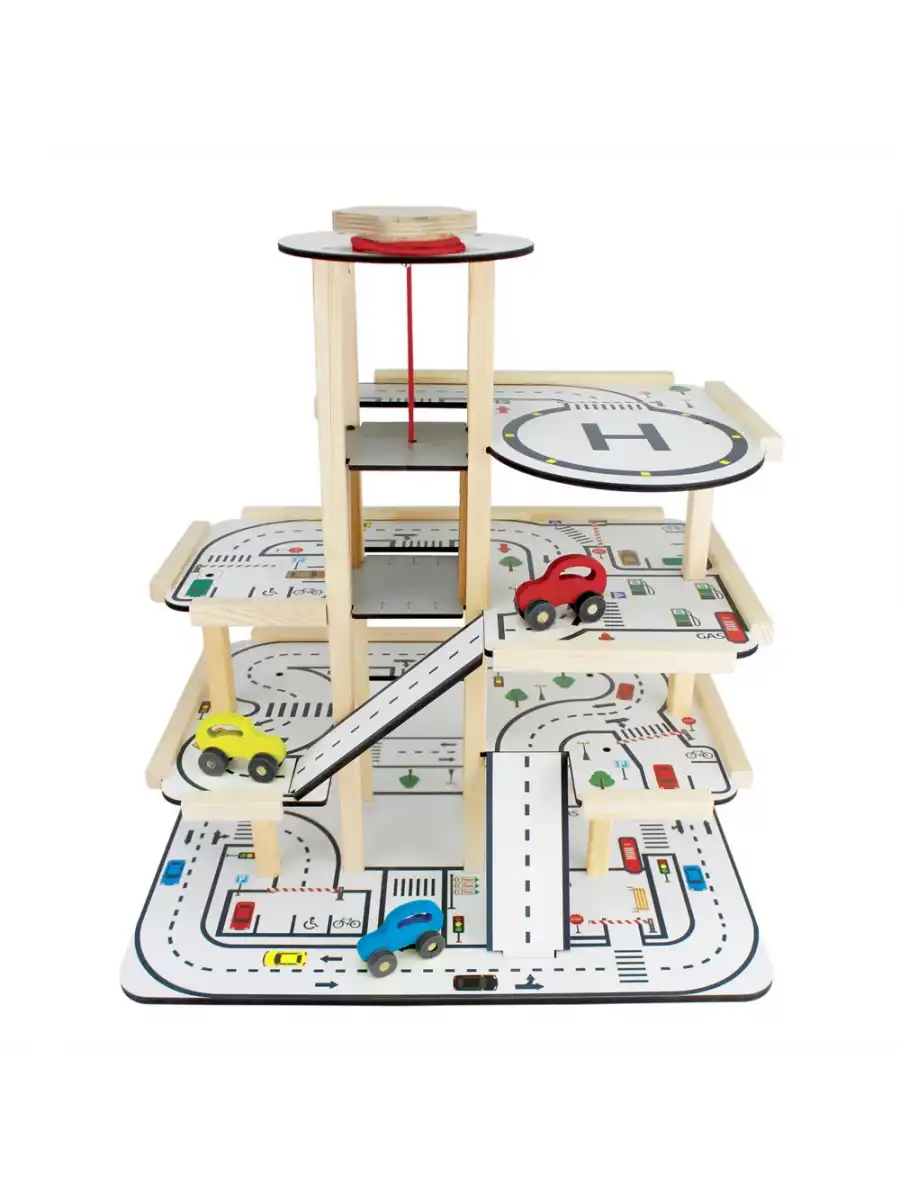 Ahşap Asansörlü Otopark - Üç Katlı Garaj Seti - Hotwheels Garaj Seti - Otopak Seti - Eğimli Garaj
