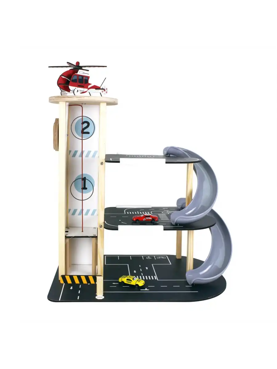 Ahşap Asansörlü Otopark - Üç Katlı Garaj Seti - Hotwheels Garaj Seti - Otopak Seti - Kaydıraklı Garaj
