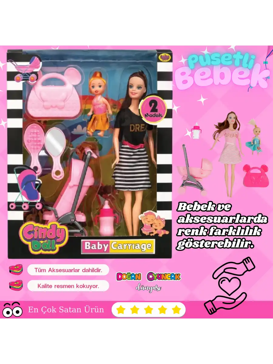 Anlily Bebek Arabalı Seti - Oyuncak Pusetli Bebek - Barbie Pusetli Seti - Aksesuarlı Pusetlı Bebek Oyuncak