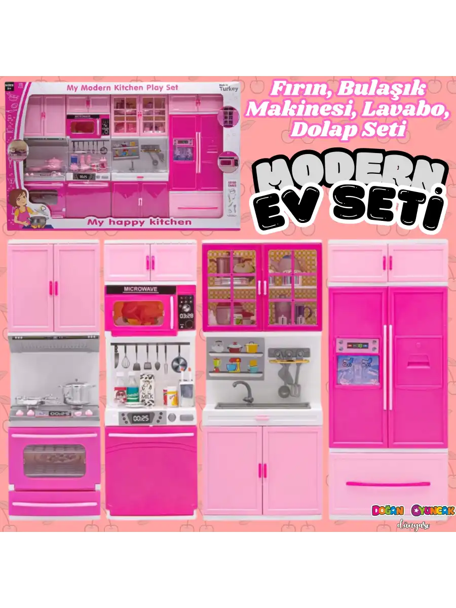 Anlily Dörtlü Mutfak Seti - Barbie Modern Mutfak Seti - Işıklı Sesli Mutfak Oyuncak - Fırın, Buzdolabı, Bulaşık, Lavabo