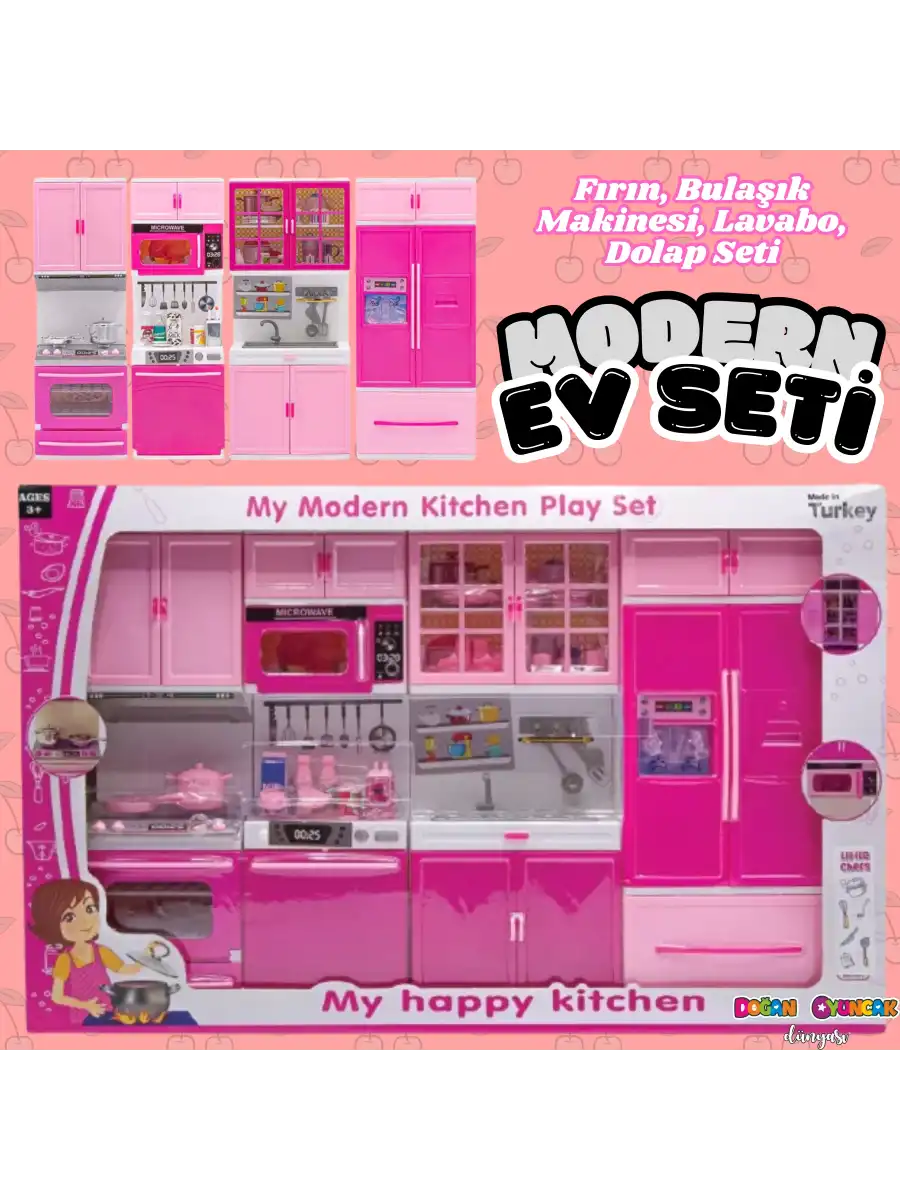 Anlily Dörtlü Mutfak Seti - Barbie Modern Mutfak Seti - Işıklı Sesli Mutfak Oyuncak - Fırın, Buzdolabı, Bulaşık, Lavabo
