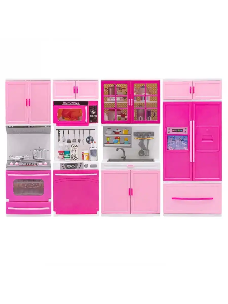 Anlily Dörtlü Mutfak Seti - Barbie Modern Mutfak Seti - Işıklı Sesli Mutfak Oyuncak - Fırın, Buzdolabı, Bulaşık, Lavabo