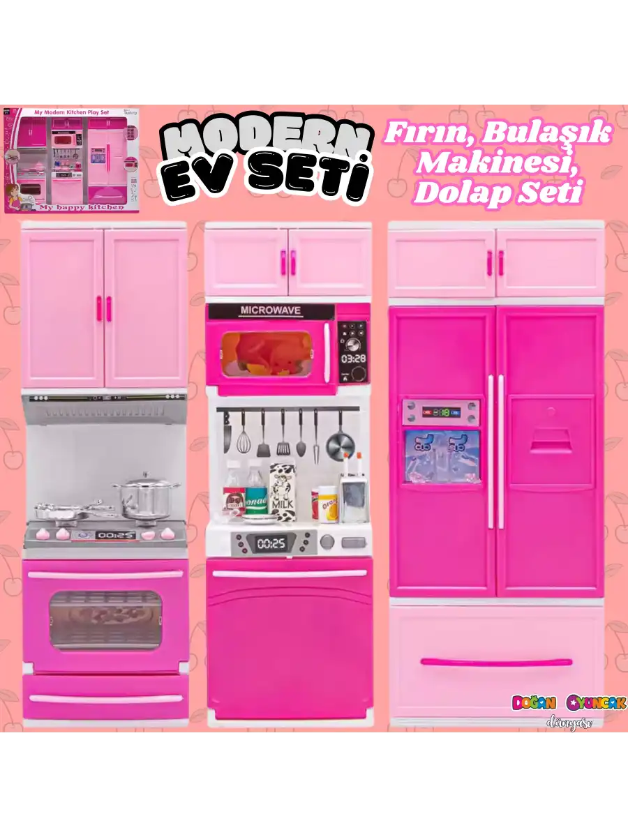 Anlily Üçlü Mutfak Seti - Barbie Modern Mutfak Seti - Işıklı Sesli Mutfak Oyuncak - Fırın, Buzdolabı, Bulaşık