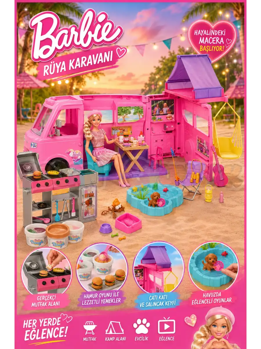 Barbienin Yeni Rüya Karavanı HRJ78 - Barbie Bebek Barbie Karavanı Baribe Tatil Seti