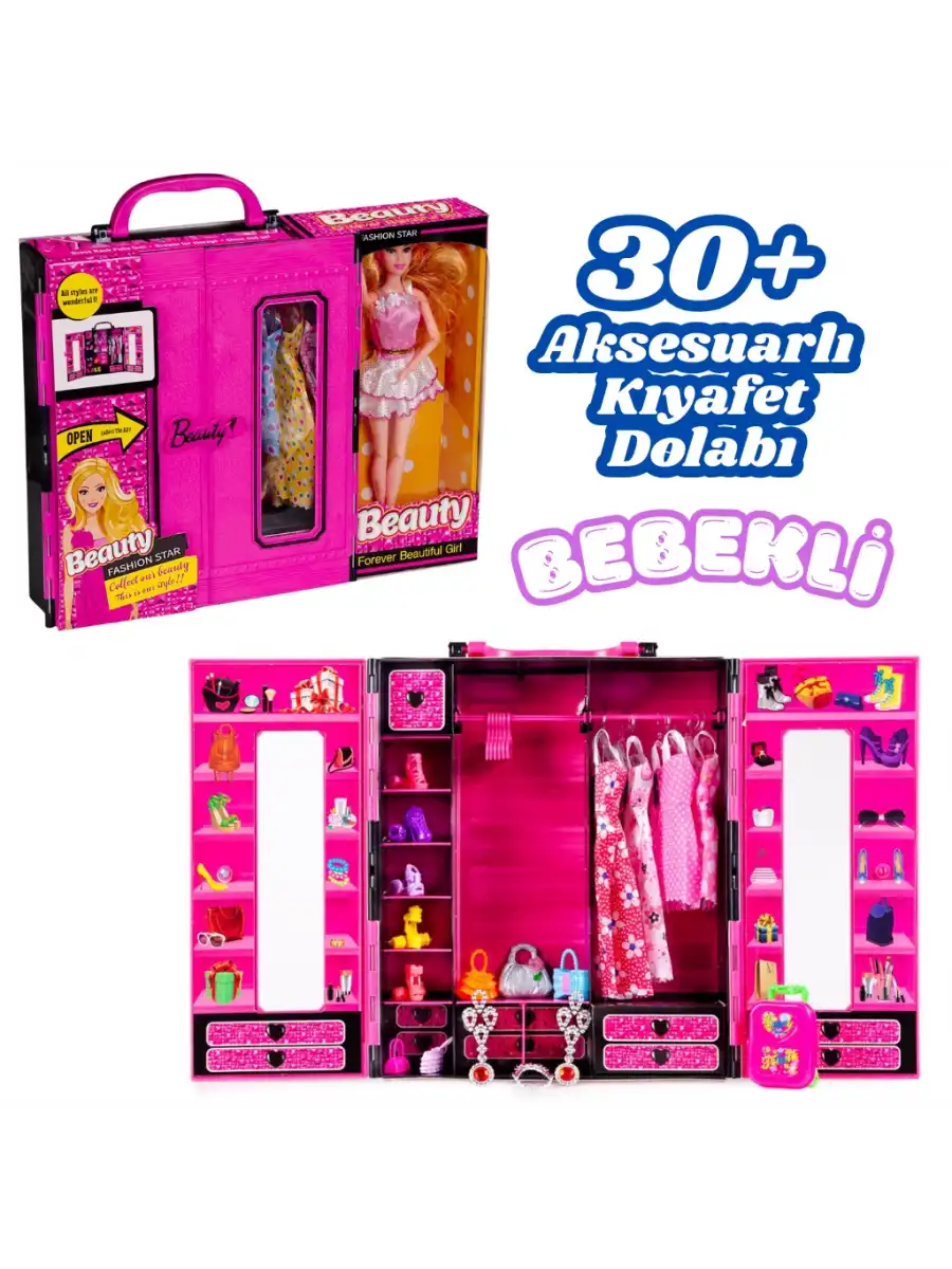 Beauty Aksesuarlı Bebekli Gardırop - Barbie Dolap - Barbie Giysi Dolabı - Barbie Gardırop - Gardrop