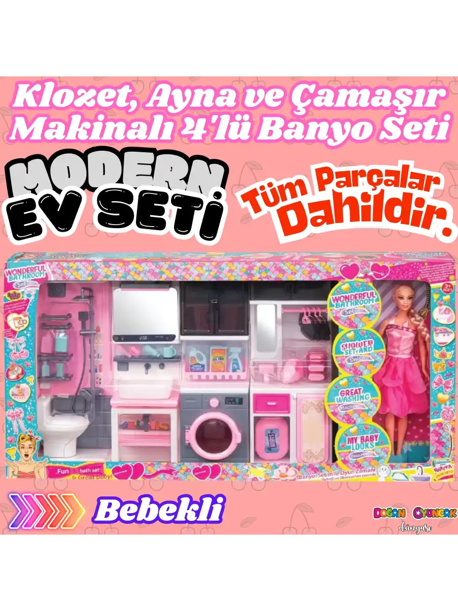 Bebekli Oyuncak Dörtlü Modern Banyo Seti - Modern Banyo Seti - Banyo Oyuncak Seti - Klozet, Tuvalet, Aynalı Lavabo, Ütü, Çamaşır Makinesi Oyuncak