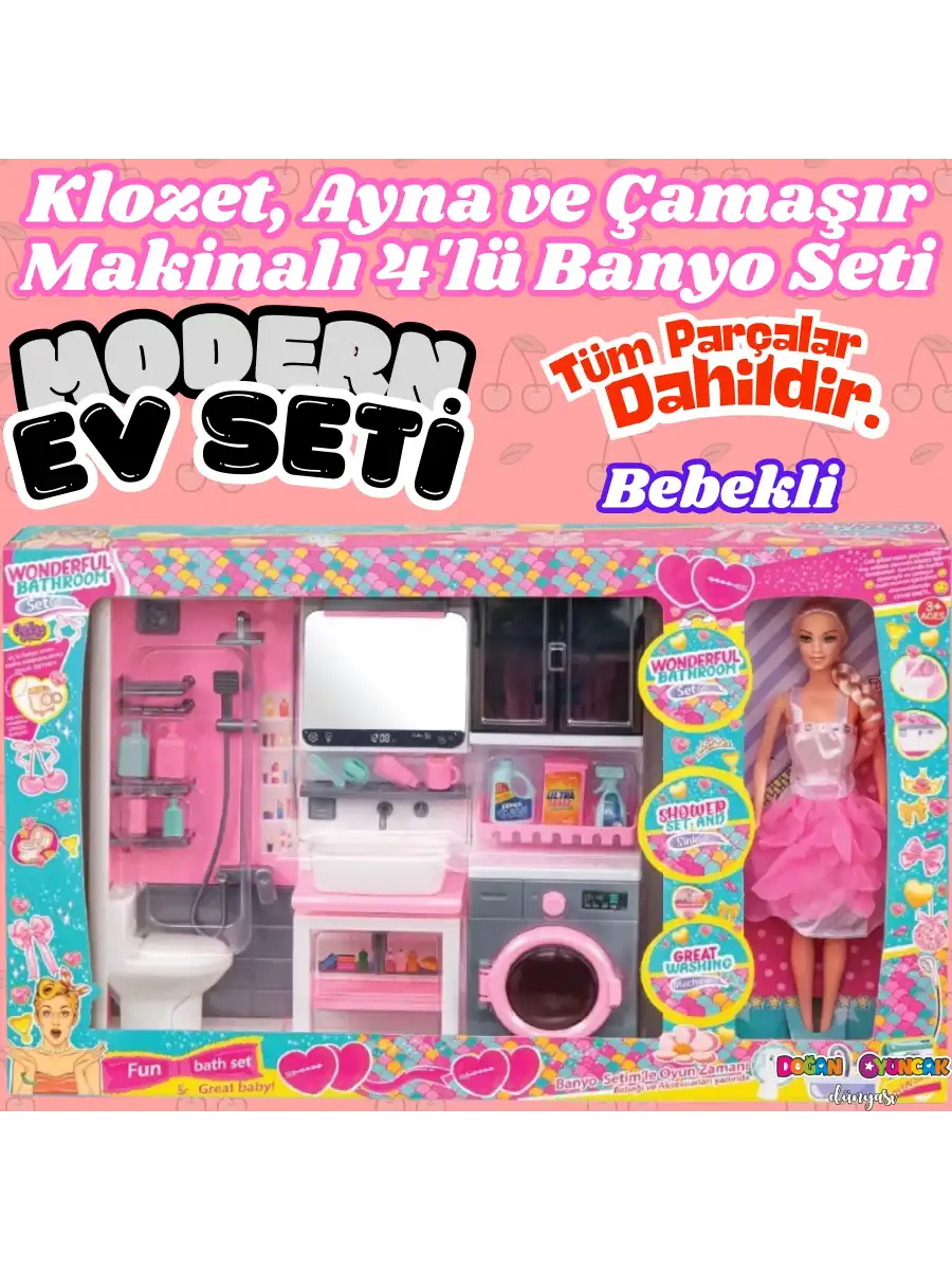 Bebekli Oyuncak Üçlü Modern Banyo Seti - Modern Banyo Seti - Banyo Oyuncak Seti - Klozet, Tuvalet, Aynalı Lavabo, Çamaşır Makinesi Oyuncak