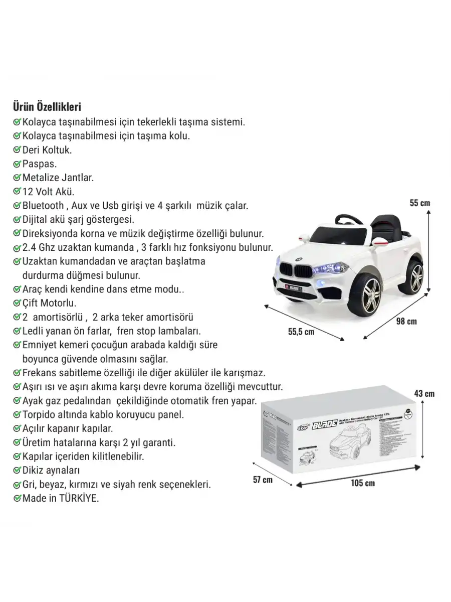 Blade GT Beyaz Uzaktan Kumandalı 4X2 12 Volt Akülü Araba - RC BMW Akülü Araba