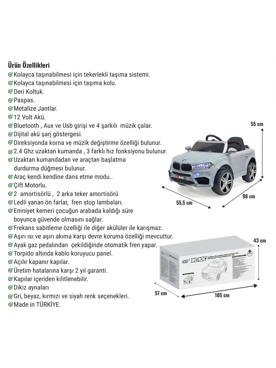 Blade GT Gri Uzaktan Kumandalı 4X2 12 Volt Akülü Araba - RC BMW Akülü Araba