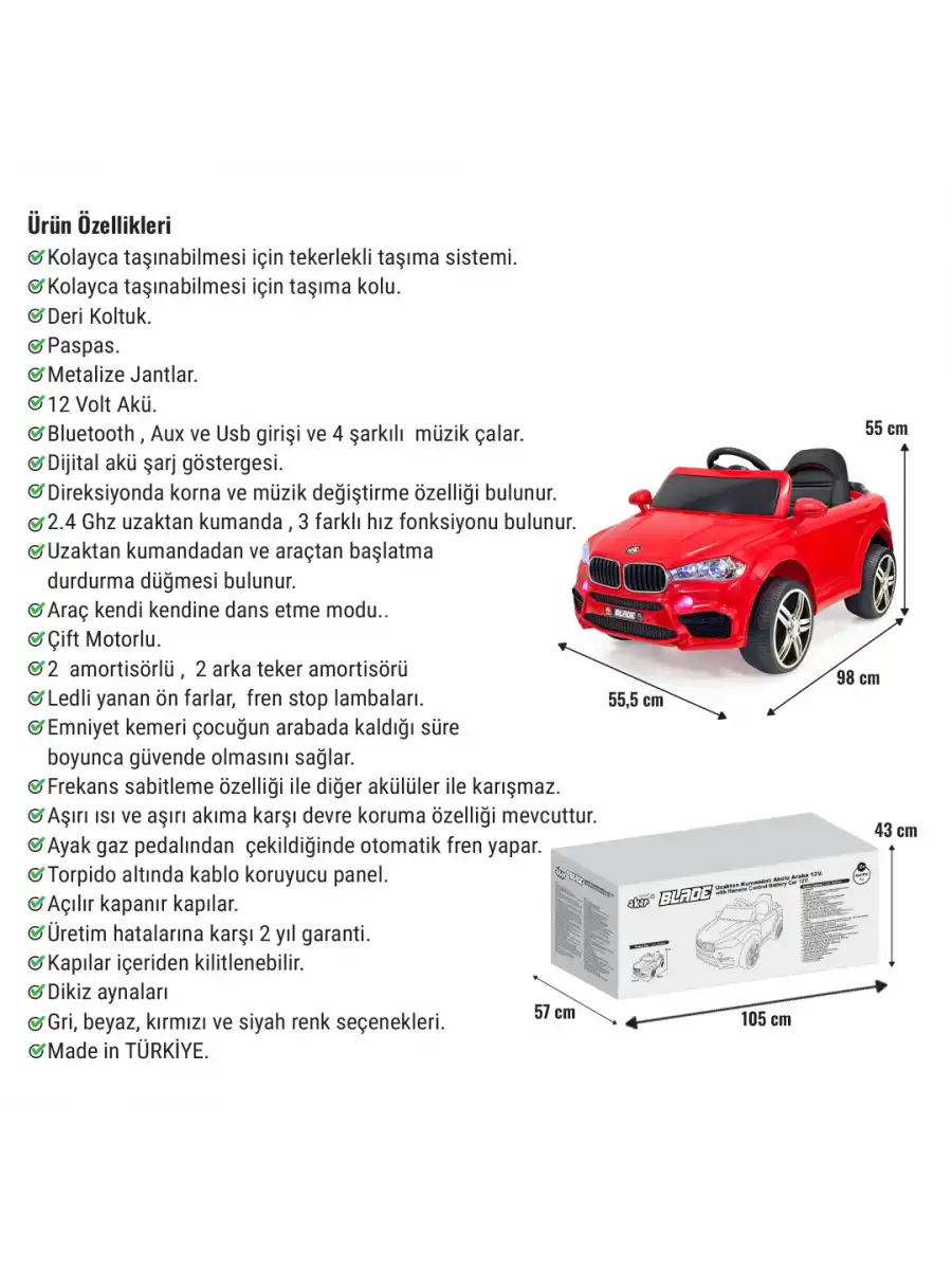 Blade GT Kırmızı Uzaktan Kumandalı 4X2 12 Volt Akülü Araba - RC BMW Akülü Araba
