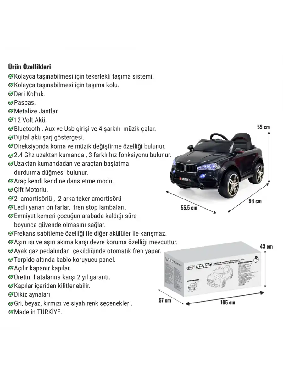 Blade GT Siyah Uzaktan Kumandalı 4X2 12 Volt Akülü Araba - RC BMW Akülü Araba