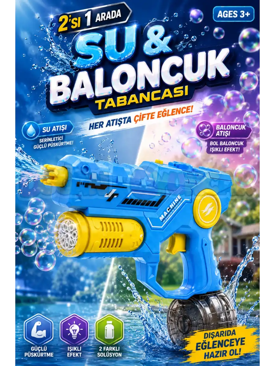 Şarjlı 2si 1 Arada Su Tabancası ve Baloncuk Tabancası Mavi - Elektirikli Water Gun Köpük Tabancası