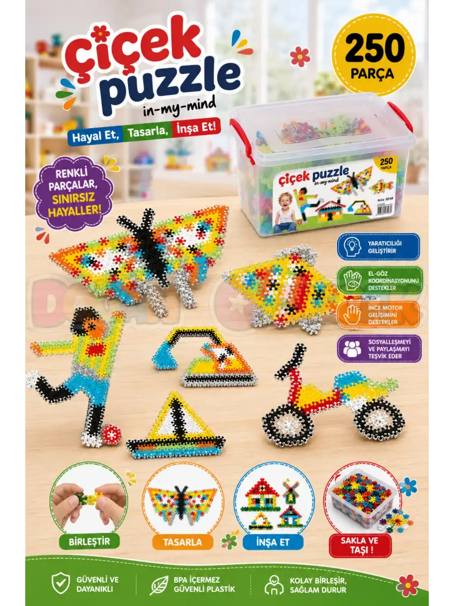 Çiçek Puzzle Lego (250 Parça) - Yıldız Puzzle - Çiçek Bloklar - Çiçek Legolar Oyuncak