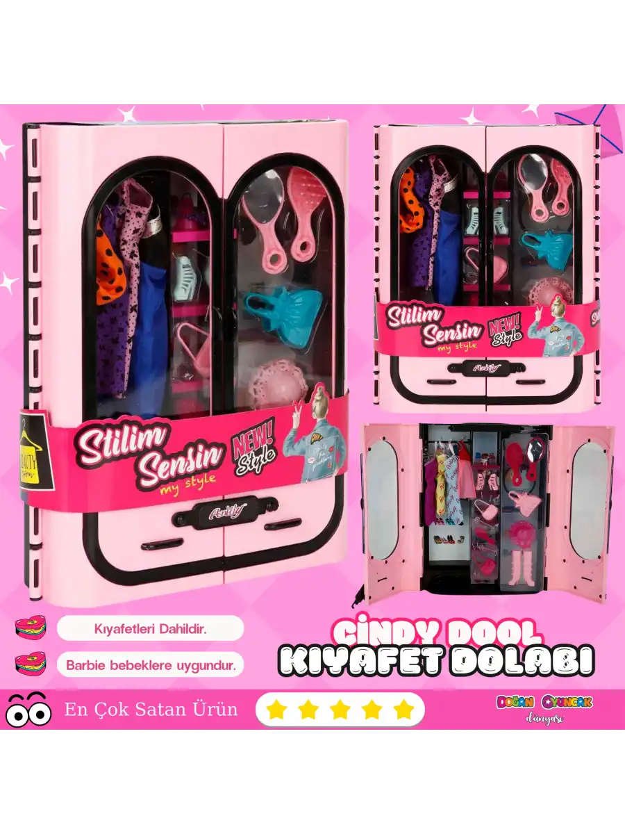 Cindy Doll Aksesuarlı Gardırop Açık Pembe - Barbie Dolap - Barbie Giysi Dolabı - Barbie Gardırop - Gardrop