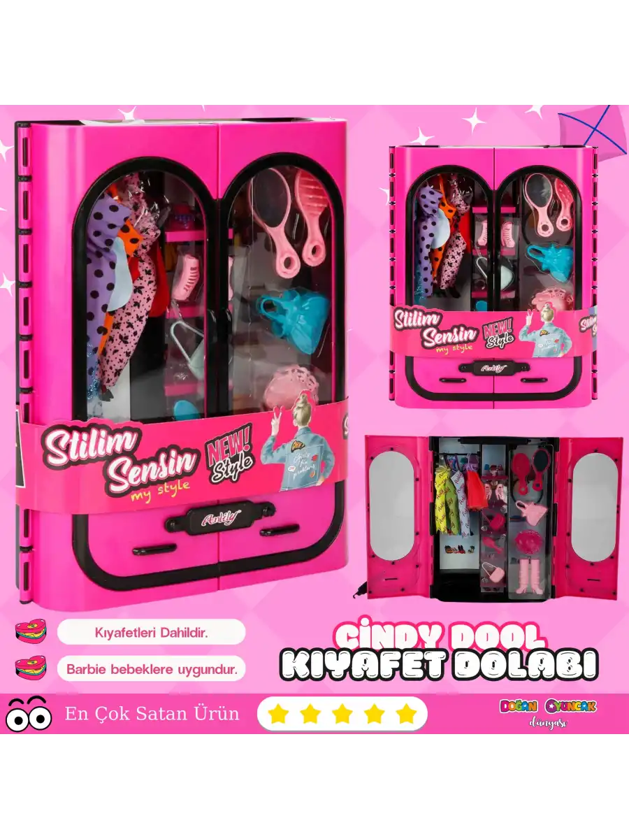 Cindy Doll Aksesuarlı Gardırop Pembe - Barbie Dolap - Barbie Giysi Dolabı - Barbie Gardırop - Gardrop