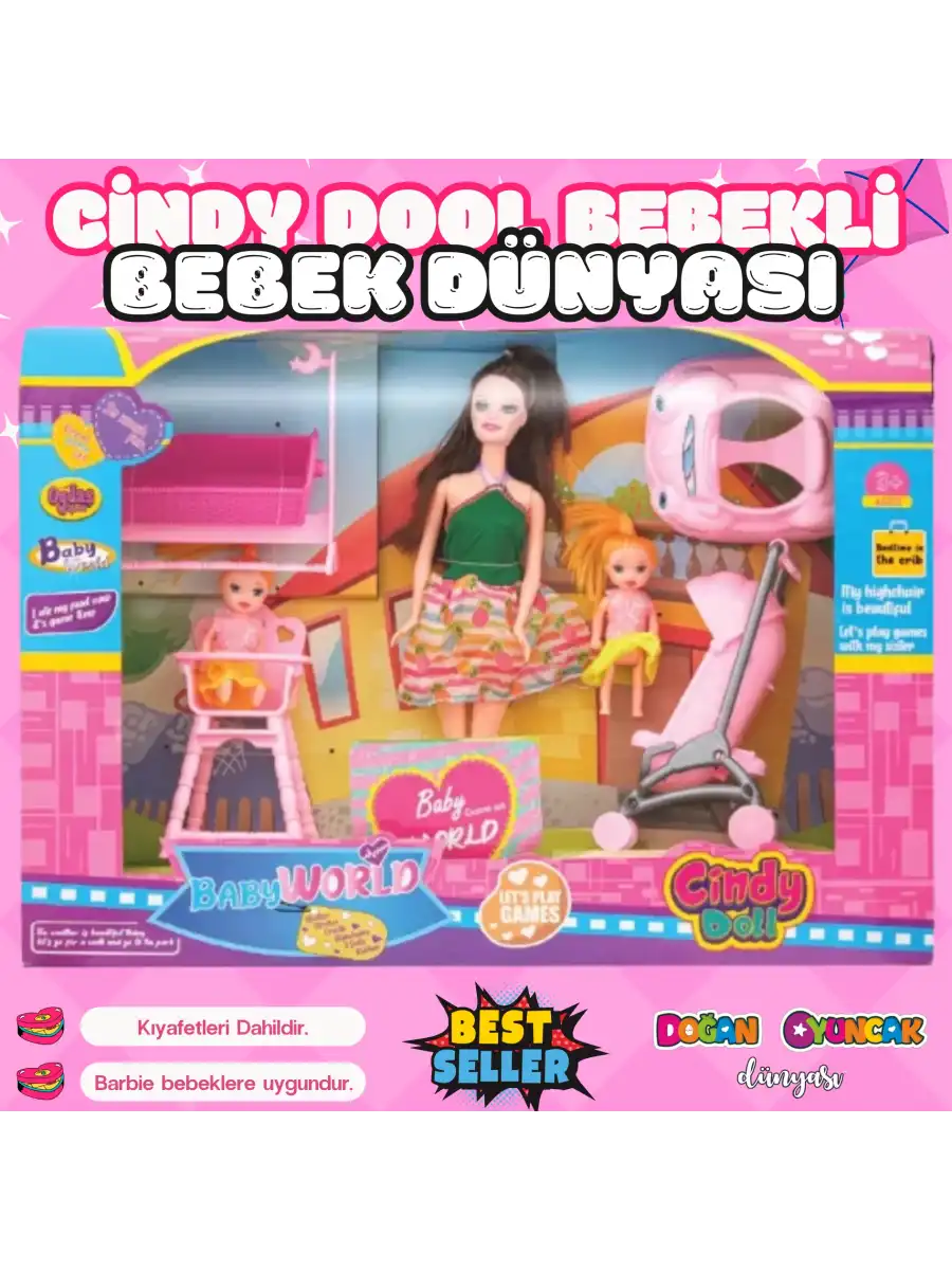 Cindy Doll Bebek Dünyası Seti - Oyuncak Pusetli Bebek - Barbie Pusetli Seti - Aksesuarlı Pusetlı Bebek Oyuncak
