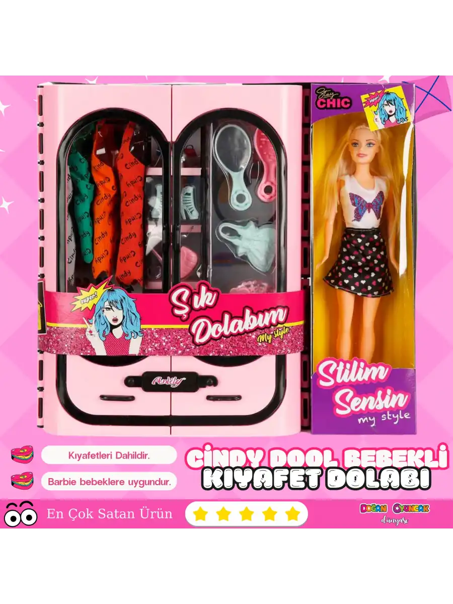 Cindy Doll Bebekli Aksesuarlı Gardırop Açık Pembe - Barbie Dolap - Barbie Giysi Dolabı - Barbie Gardırop - Gardrop