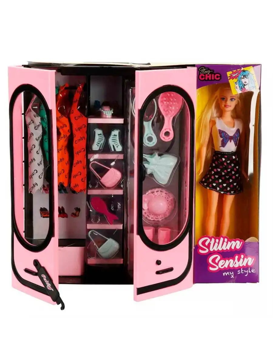 Cindy Doll Bebekli Aksesuarlı Gardırop Açık Pembe - Barbie Dolap - Barbie Giysi Dolabı - Barbie Gardırop - Gardrop