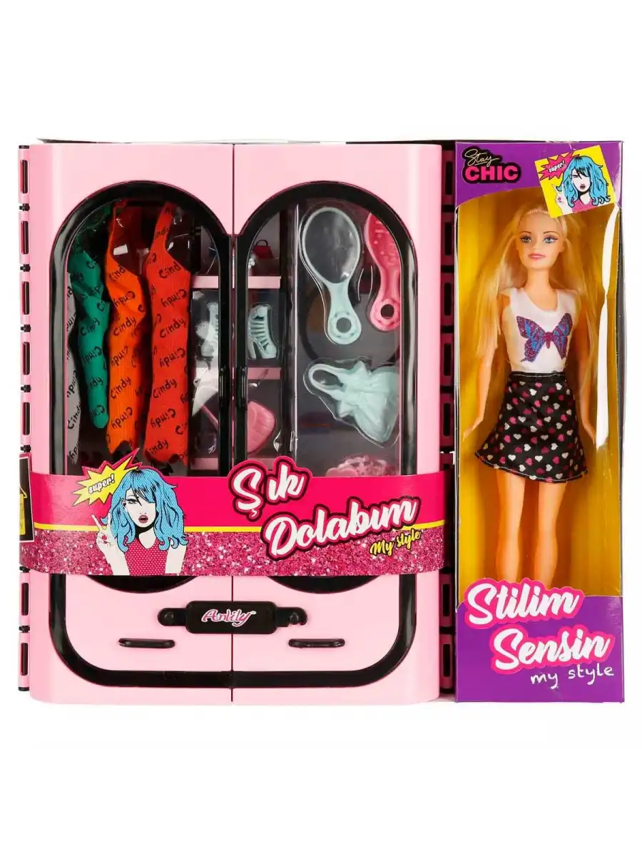 Cindy Doll Bebekli Aksesuarlı Gardırop Açık Pembe - Barbie Dolap - Barbie Giysi Dolabı - Barbie Gardırop - Gardrop
