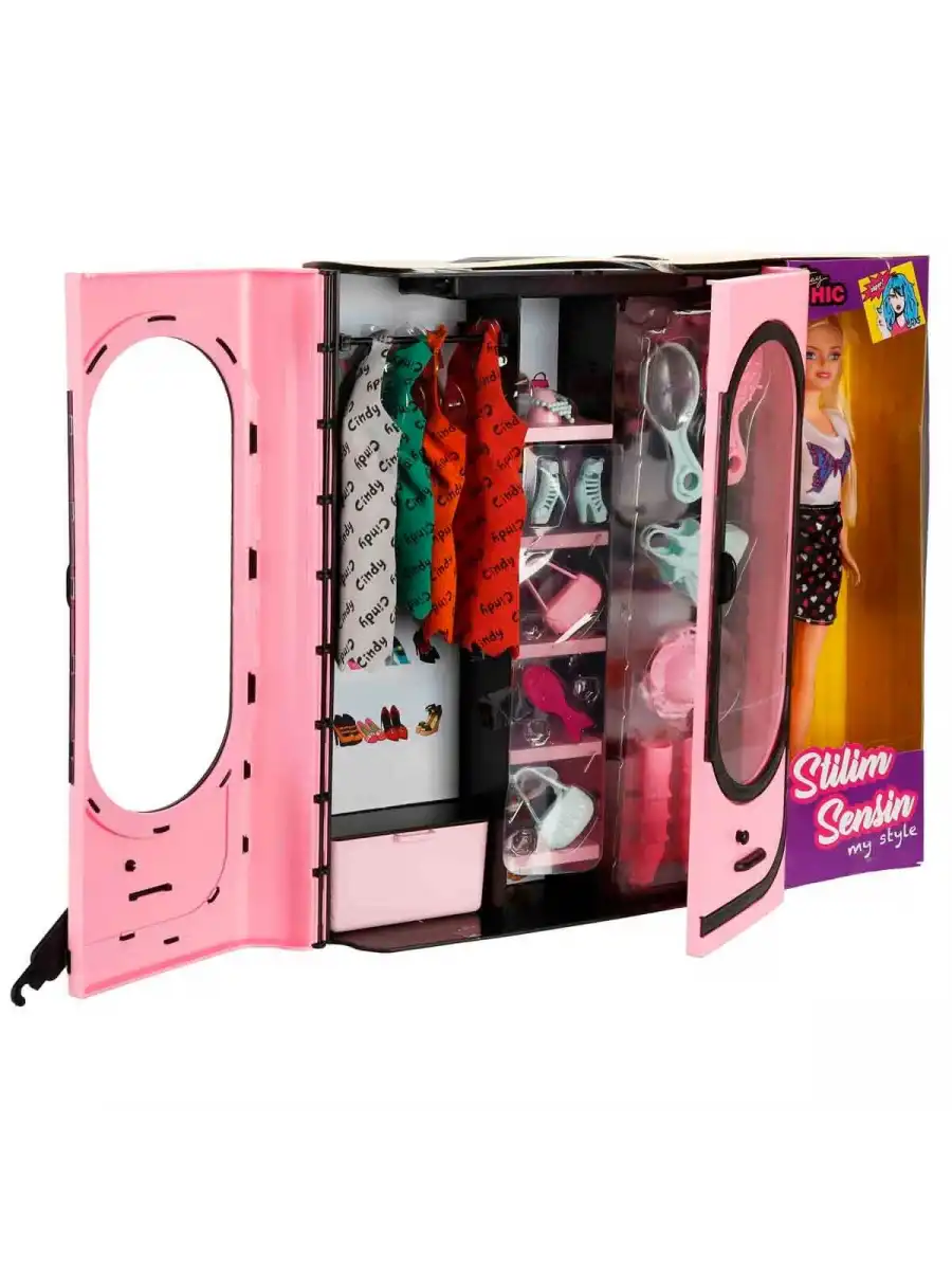 Cindy Doll Bebekli Aksesuarlı Gardırop Açık Pembe - Barbie Dolap - Barbie Giysi Dolabı - Barbie Gardırop - Gardrop
