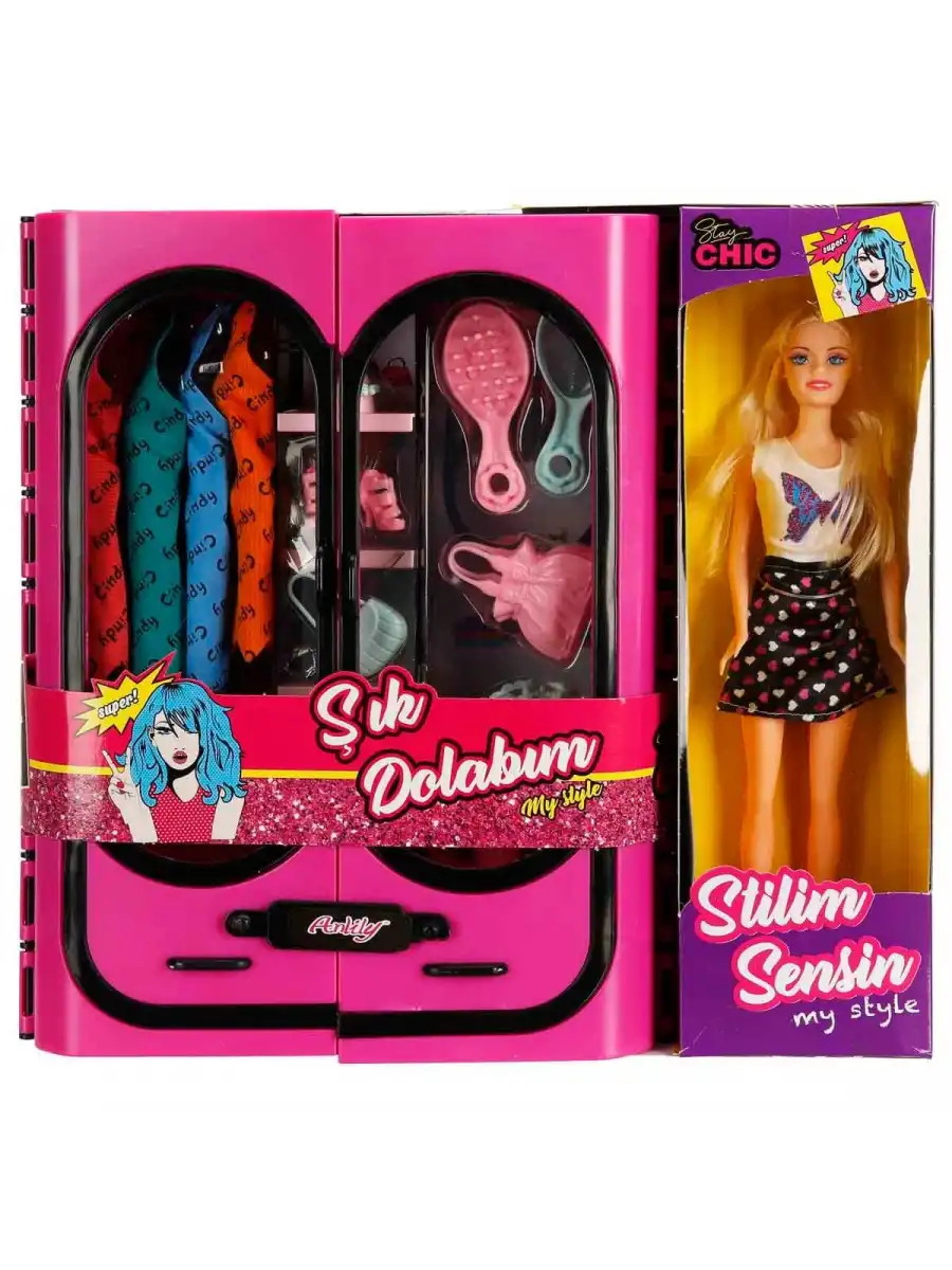Cindy Doll Bebekli Aksesuarlı Gardırop Pembe - Barbie Dolap - Barbie Giysi Dolabı - Barbie Gardırop - Gardrop