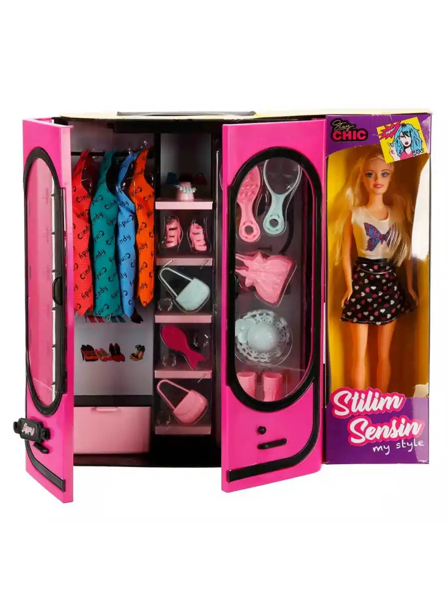 Cindy Doll Bebekli Aksesuarlı Gardırop Pembe - Barbie Dolap - Barbie Giysi Dolabı - Barbie Gardırop - Gardrop