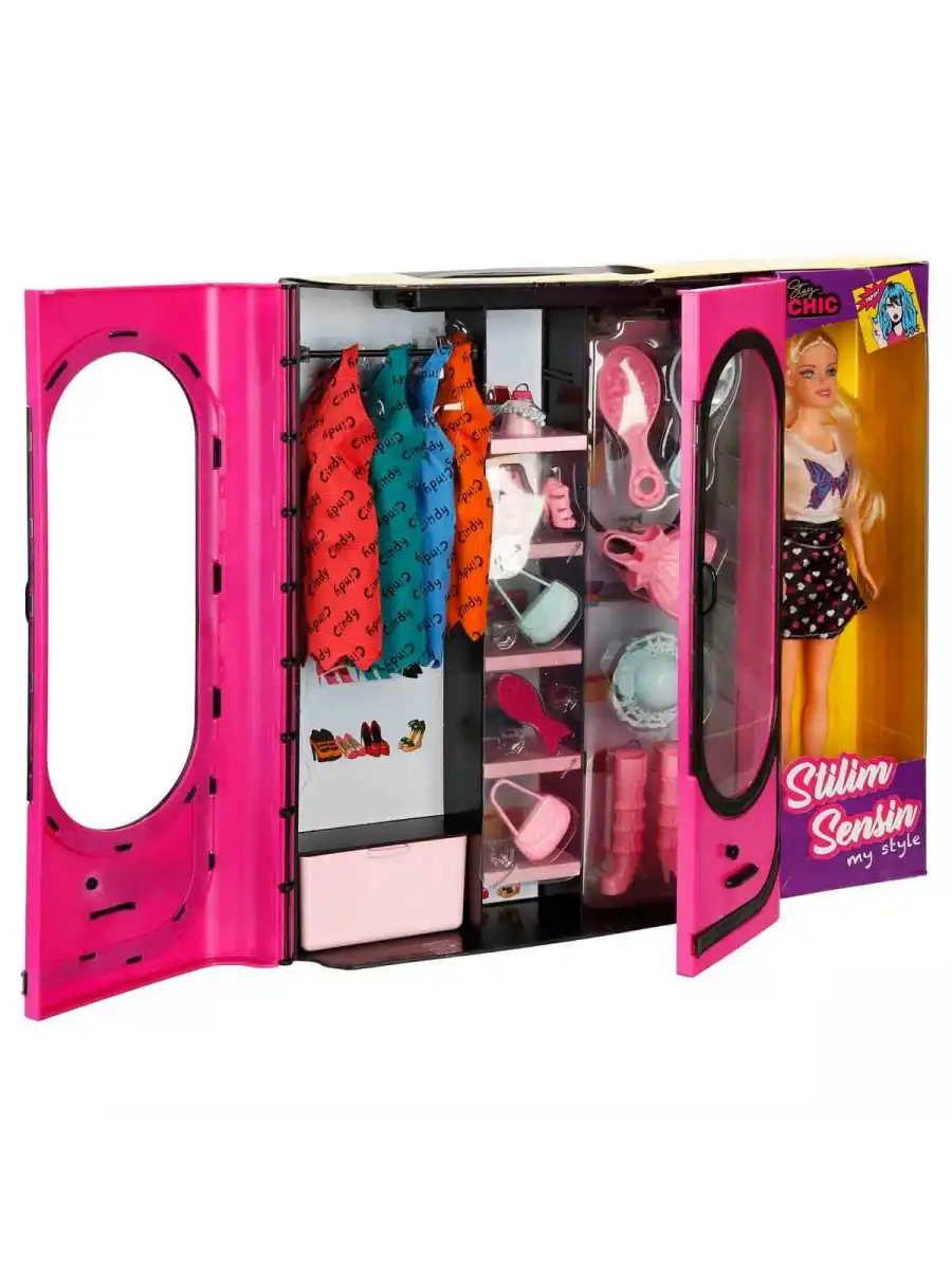 Cindy Doll Bebekli Aksesuarlı Gardırop Pembe - Barbie Dolap - Barbie Giysi Dolabı - Barbie Gardırop - Gardrop