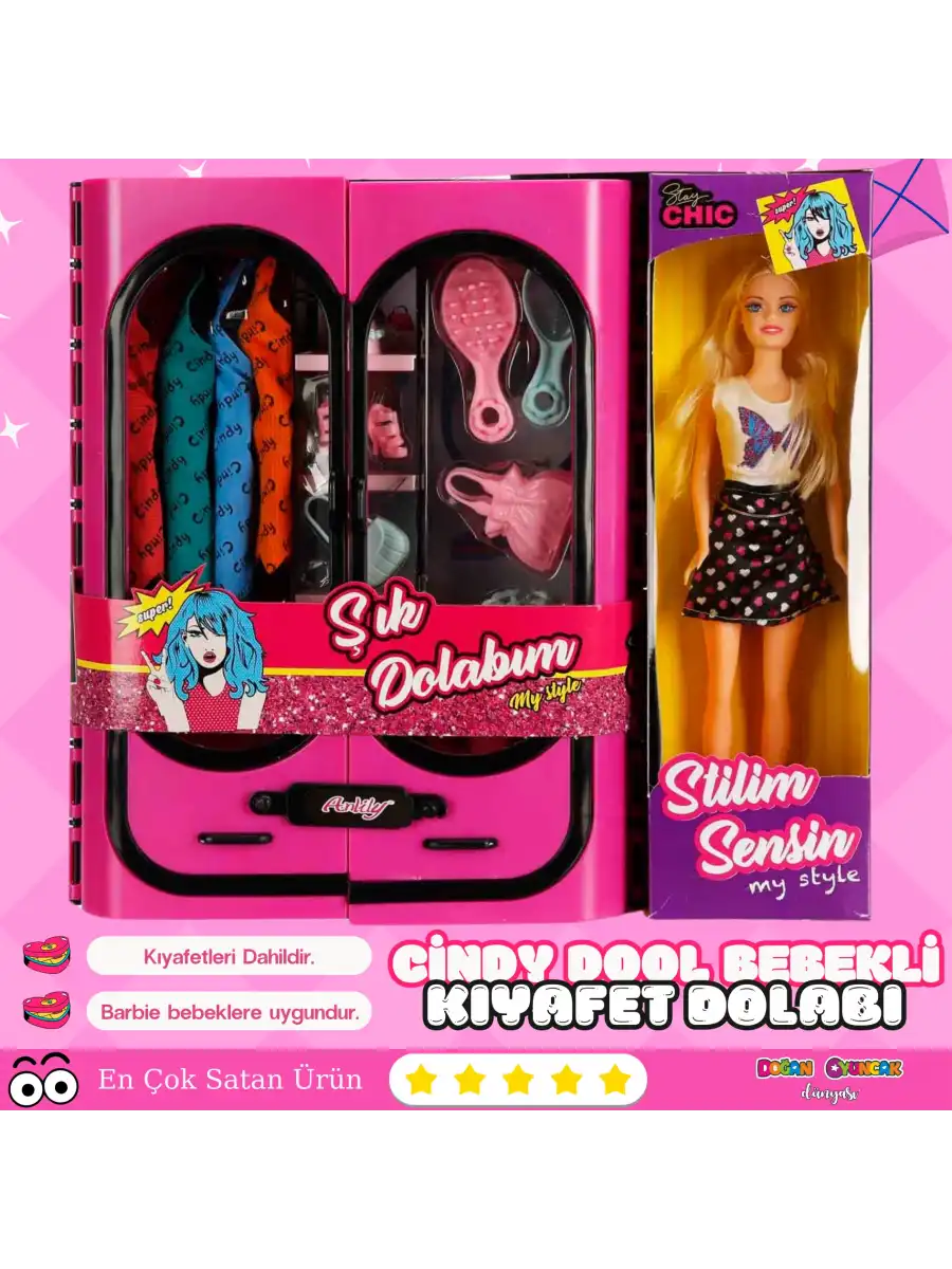 Cindy Doll Bebekli Aksesuarlı Gardırop Pembe - Barbie Dolap - Barbie Giysi Dolabı - Barbie Gardırop - Gardrop