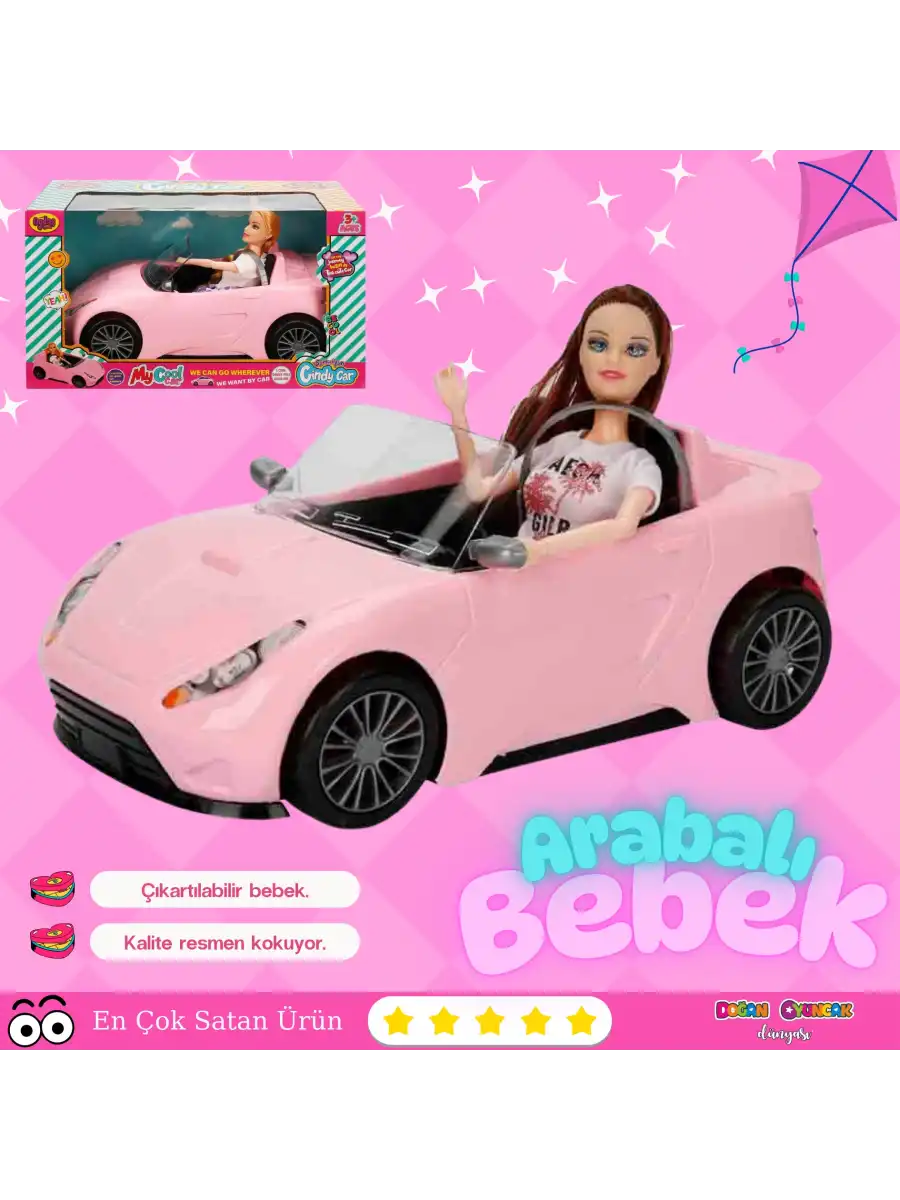Cindy Doll Bebekli Arabası Pembe - Oyuncak Arabalı Bebek - Barbie Arabası - Bebekli Barbie Arabası - Oyuncak Araç