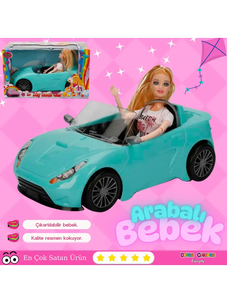 Cindy Doll Bebekli Arabası Turkuaz - Oyuncak Arabalı Bebek - Barbie Arabası - Bebekli Barbie Arabası - Oyuncak Araç