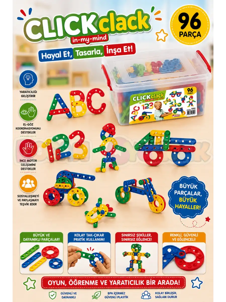 Click Clack Lego (96 Parça) - ClickClack Puzzle - Sök Tak Bloklar - Legolar Oyuncak