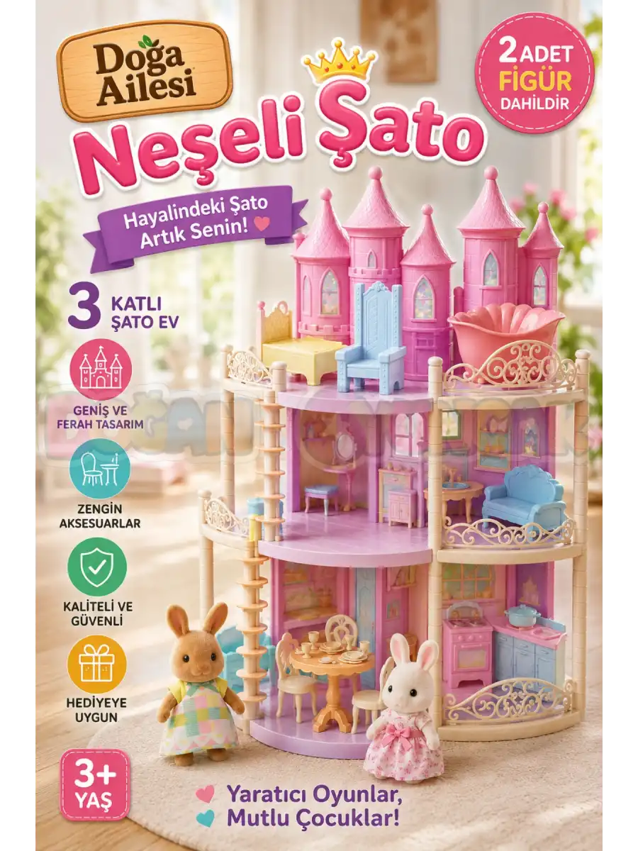 Doğa Ailesi Neşeli Şato 3 Katlı Oyuncak Ev Seti - Sylvanian Uyumlu Oyun Evi