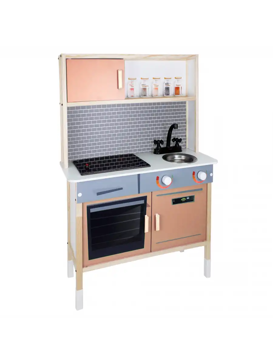 Delüx Işıklı Hamarat Ahşap Mutfak - Ahşap Çocuk Mutfağı - Mutfak Seti - Kapaklı Mutfak - Krem