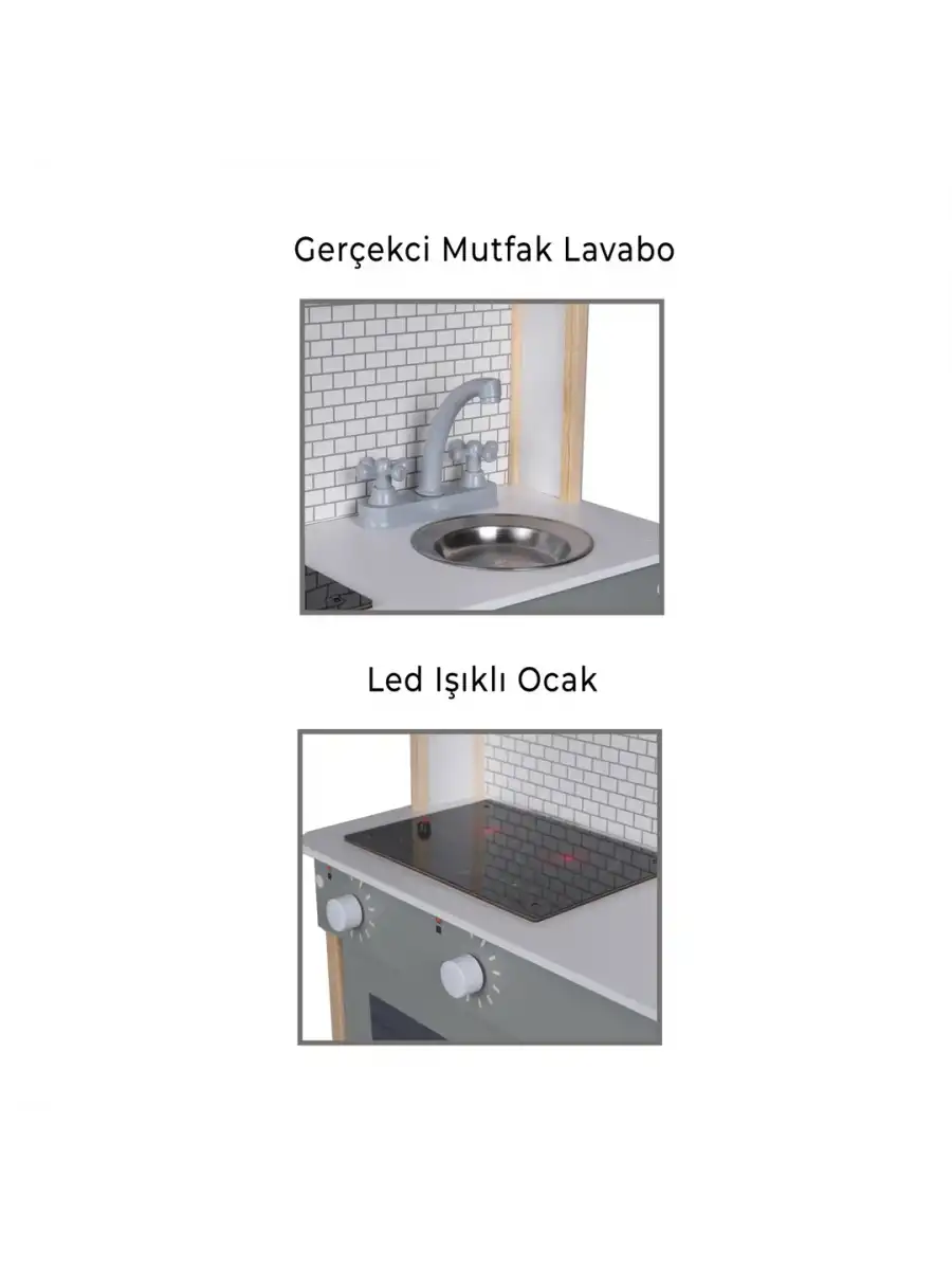 Delüx Işıklı Hamarat Ahşap Mutfak - Ahşap Çocuk Mutfağı - Mutfak Seti - Kapaklı Mutfak - Gri