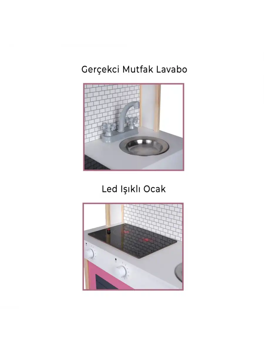 Delüx Işıklı Hamarat Ahşap Mutfak - Ahşap Çocuk Mutfağı - Mutfak Seti - Kapaklı Mutfak - Pembe