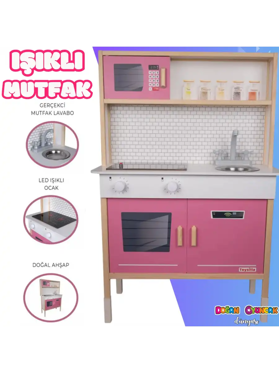 Delüx Işıklı Hamarat Ahşap Mutfak - Ahşap Çocuk Mutfağı - Mutfak Seti - Kapaklı Mutfak - Pembe